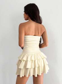 SHEIN EZwear Sleeveless Tiered Layered Pastel Yellow Strapless Mini Dress For Women Casual Outfits - Apricot - View 3