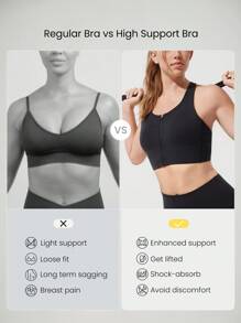 GLOWMODE Hot Take 吸汗高压缩前拉链模压泡沫罩杯交叉多带后背 U 领运动文胸中等强度跑步慢跑训练健身房锻炼 - 黑色 - 查看 7