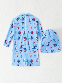 SHEIN 男婴可爱卡通帆船图案长袖连体泳衣带遮阳帽，适合海滩、冲浪、游泳、旅行和度假