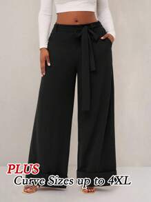 SHEIN SXY Quần dài thường ngày thanh lịch quyến rũ gợi cảm cơ bản rộng rãi cho nữ cỡ lớn Thu & Đông, Xuân & Hè - màu đen - Xem 1