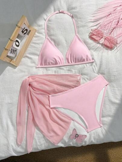 SHEIN 3件組青少年女孩泳衣套裝，粉色掛脖比基尼搭配不對稱透視裙，夏季海灘度假假日泳裝，時尚3件套