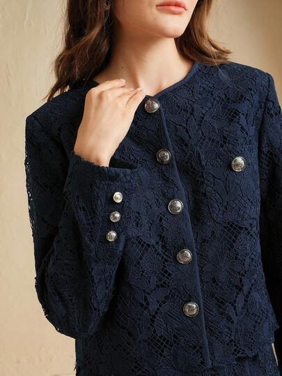 Anewsta 纯色水溶蕾丝金属扣口袋短外套，复古端庄韩版风，适合老师，秋冬