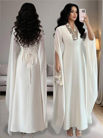 Rafferiza Women's Solid Color Elegant Dignified V-Neck Embroidered Collar Split Long Sleeve Maxi Dress, Suitable For Banquet, Daily Wear, Simple SummerHoliday Sunny Journey Vacay Vibes Casual Outfits Spring Fall Cloth For Women Abayas Dubai Luxury Butterfly Abaya Abaya Dress White Abaya Kaftan Dressautumn Fall Clothes For Women Fall Autumn Clothes Fall Outfits For Women Autumn Outfits For Women Autumn Outfits For Women Fall Clothes  Elegant Dresses For Women Elegant Dress For Women Elegant Dress Elegant Dresses For Party  Elegant Dress Women Party Dress Long Party Dresses Wedding Guest Dress For Women  Wedding