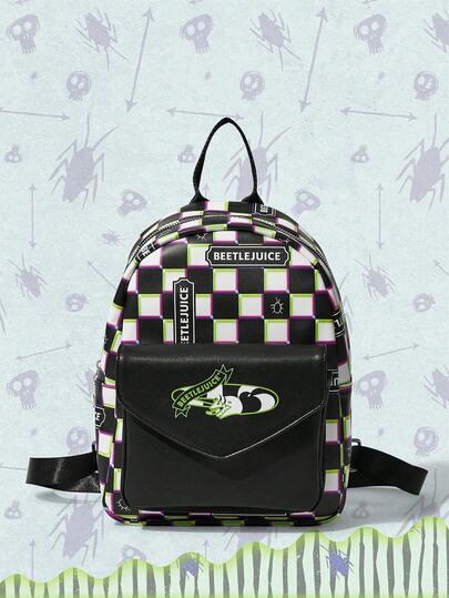 Beetlejuice | ROMWE Checkered & Letter Pattern Punk Backpack, Fashionable For Commuting And Versatile
