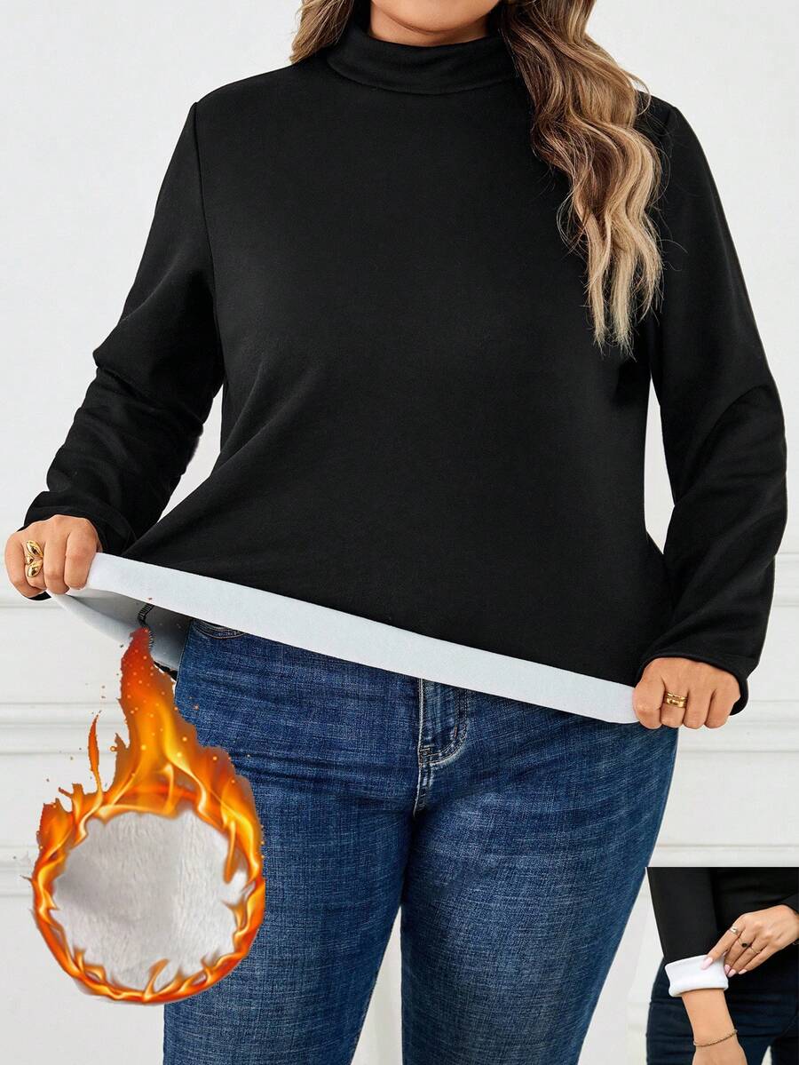 SHEIN CURVE+ 女式黑色长袖保暖内衬保暖T恤，加大码，秋冬