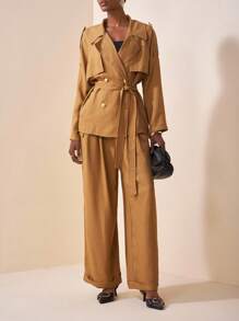 Zivah 2025春秋新款优雅通勤休闲派对宽松纯色卡其色长袖翻领系带金属扣装饰薄外套和阔腿长裤有口袋女装2件套