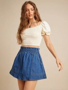 WESTFADE 褶饰腰部实用口袋荷叶边 A 字形牛仔短裤乡村西部牛仔竞技纳什维尔早午餐 - 深色水洗藍 - 查看 1