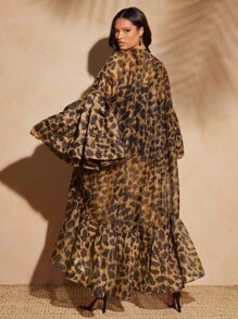 Vixey Áo kimono dáng rộng dành cho nữ cỡ lớn, chất liệu organza mỏng, họa tiết da báo, có bèo nhún ở gấu, thích hợp mặc đi biển hoặc mùa hè. - Màu nâu  Mocha - Xem 2