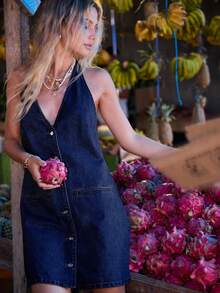 Aralina Denim Kleid mit Knopfleiste, Neckholder, im Vintage-Stil für den Sommer, Minikleid