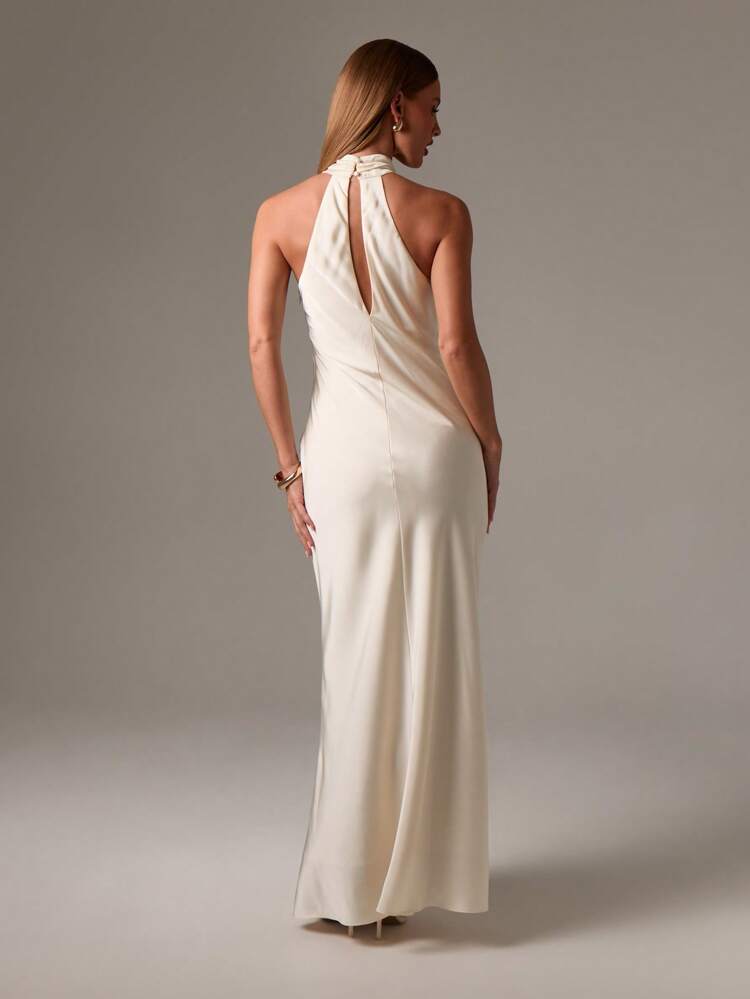 AiiRZ Elegant High Neck Halter Evening Maxi Dress Wedding Guest Formal Slim Fit Floor Length Satin Gown Special Occasion Party Long Dress