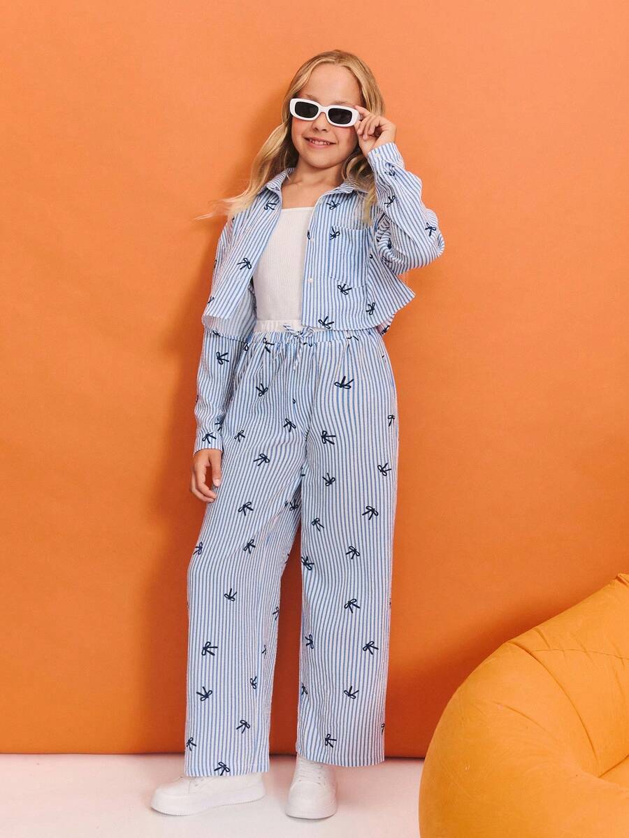 Leap Crew Leap Crew Tween Girl 3 Piece Set Casual Fashion Woven Striped Shirt Top + Camisole + Straight Leg Pants Set, Shirt And Pants Set Teen Outfit - Blue - View 1