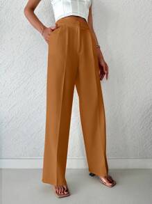EURMUSE Women's Solid Color Loose Straight Pants - Orange - View 3