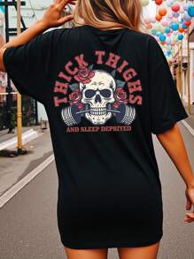 INAWLY Plus Size Women's Letter & Skeleton Print Casual Dropped Shoulder Round Neck T-Shirt - Black - View 1