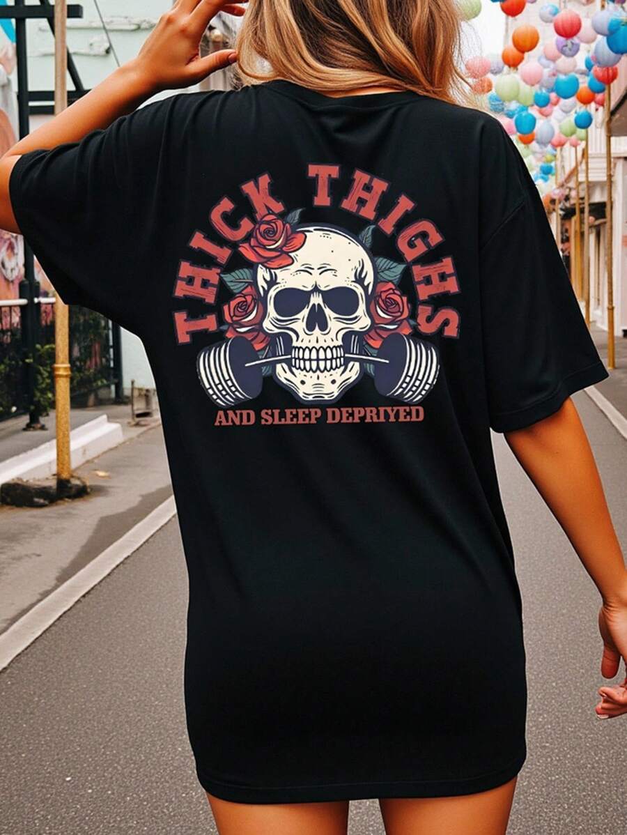 INAWLY Plus Size Women's Letter & Skeleton Print Casual Dropped Shoulder Round Neck T-Shirt - Black - View 1