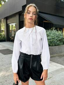 SHEIN 青少年女孩休闲日常和上学通勤彼得潘领长袖衬衫上衣，开学季 - 白色 - 查看 3