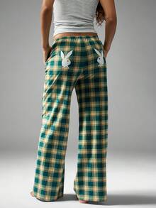 Missguided x Playboy Christmas Green Plaid Wide Leg Pants With Bunny Graphics - Multicolor - View 1