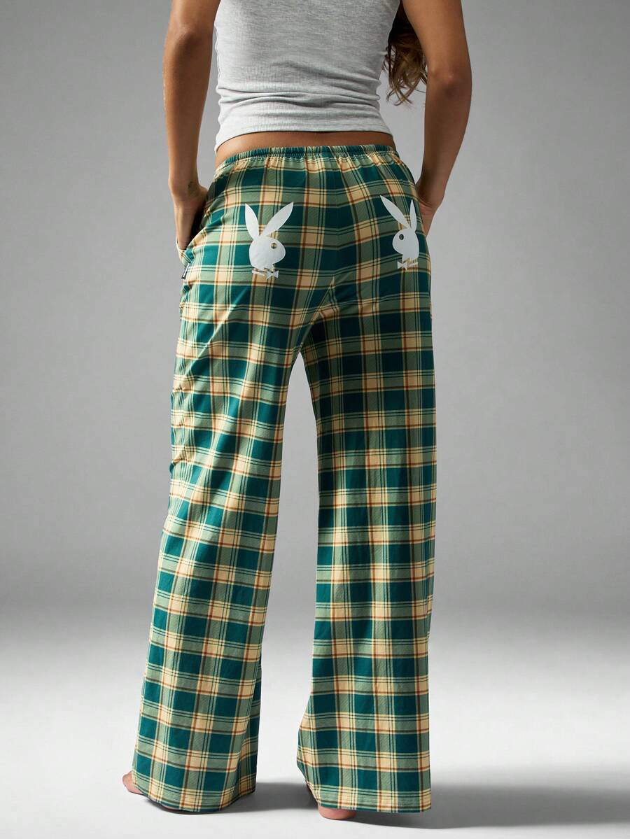 Missguided x Playboy Christmas Green Plaid Wide Leg Pants With Bunny Graphics - Multicolor - View 1