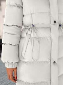 EURMUSE Zip Up Drawstring Waist Long Padded Coat - Cream - View 6
