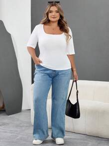 SHEIN CURVE+ 3 قطع/مجموعة تي شيرت نسائي بأكمام قصيرة وياقة مربعة ضيق بلون أحادي، مقاسات كبيرة، ملابس خريف وشتاء - متعدد الألوان - مشاهدة 9