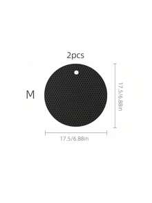 2pcs/Set Silicone Insulation Pad, Modern Black Honeycomb Textured Round Anti-Slip Hot Pot Mat For Table - Dark Grey - View 6