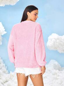 SHEIN X Care Bears Women's Casual Cute Bear Embroidered Drop Shoulder Fuzzy Sweatshirt - Pink - View 2