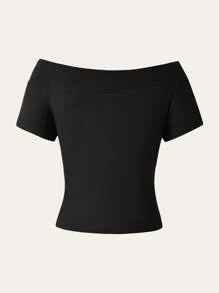 SHEIN Explorewe Áo thun trễ vai thời trang nữ trẻ, áo crop top ngắn in chữ, bộ sưu tập mùa hè mới - màu đen - Xem 6