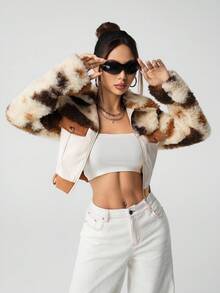 SHEIN ICON Women's Leather & Fur Patchwork Jacket, Autumn/Winter Cropped Jackets,Fall - Mocha Brown - View 4
