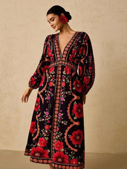 Travachic Plus Size Women's Black & Red Floral Print Maxi Dress, V-Neck Long Sleeve Long Dress, Autumn Dress Bohemian Dresses For Women Caftan Dress Floral Print Dress Boho Dress V Neck Dress Fall Autumn Women Christmas Party Dress Elegant Dresses Country Concert Outfit Wedding Guest Dress