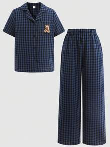 SHEIN 青少年女孩宽松休闲简约舒适领口小熊刺绣家居服睡衣套装 - 藏蓝色 - 查看 2