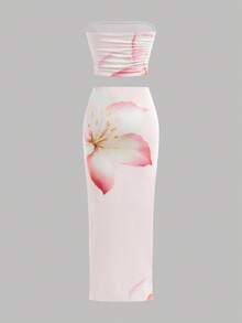 SHEIN 青少年女孩扎染花卉印花修身休闲舒适背心和迷你裙套装