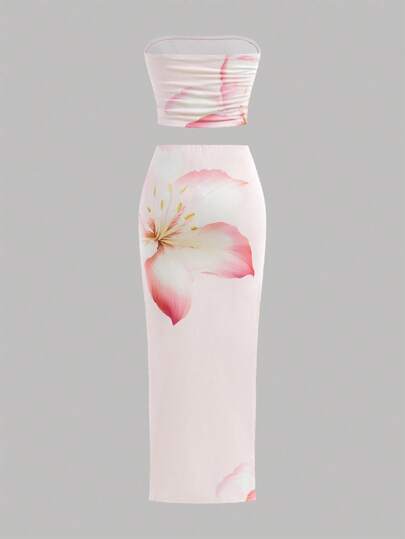 SHEIN Tween Mädchen-Set im Teenager-Alter mit Batik-Blume Muster, bestehend aus figurbetont geschnittener Tanktop und Mini-Rock, bequem und lässig