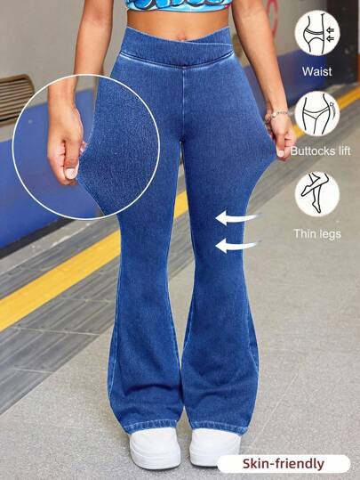 SHEIN Teen Girl Fashion Casual Blue Denim Daily Exercise Basics Stretch Slim Flared Jeans For Girls Soft Dailywear And The Four Seasonsr Teen Girl Clothes Jeans Teen Flared Tween Blue Jeans Bell Bottoms Flare Pants Girls Fall Winter