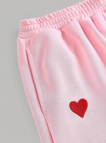 SHEIN Tween Girls Casual Basic Heart Embroidery Loose Fit Crew Neck Sweatshirt And Wide Leg Pants Pink Set, Autumn/Winter Fall