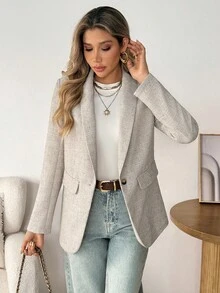 SHEIN LUNE 卡其色女士基础款纽扣西装外套，秋冬季女装，适合秋季、冬季等各种场合，包括外出上衣、乡村风格服饰等。 - 卡其色 - 查看 5