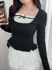 FRIFUL Women's Square Neck Polka Dot Patchwork Drawstring Bow Decor Ruffle Hem Long Sleeve Slim Fit Versatile T-Shirt, Autumn Cute Tops