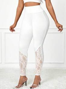 SHEIN Lady Women Eleglant Solid Color Lace Patchwork Leggings Pants For Women Petite