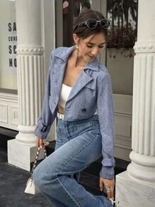 SHEIN LUNE Jaqueta Casual Curta com Colarinho e Dupla Fileira de Botões para Mulheres - Azul Empoeirado - Visão 1
