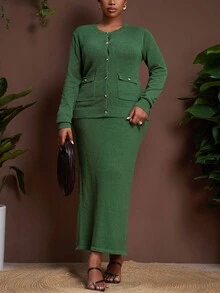 Veslaya 秋冬新款大码女装优雅派对/约会/休闲长袖单排扣针织开衫搭配修身针织中长裙套装，绿色两件套，曲线裙套装，绿色曲线连衣裙，舒适秋冬女装，女士冬季大码裙套装两件套，女士大码两件套，曲线女装两件套 - 軍綠色 - 查看 2