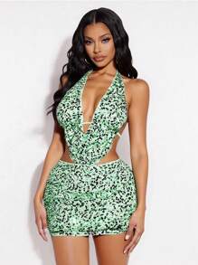 SHEIN SXY Bộ 2 món sequin xanh lá cây thanh lịch quyến rũ dành cho nữ: Áo hở lưng hai dây + Chân váy ngắn ôm sát, thích hợp mặc dự tiệc, tụ tập, sinh nhật, nghỉ dưỡng ở bãi biển, mặc đi hộp đêm - màu xanh lá - Xem 7