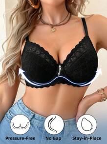 SHEIN 1pc Underwire Padded Bra, Comfortable Lift And Shaping Lingerie Push Up Bra Padded Push Up Bra Lace Push Up Bra Push Up Bralette, Black - Black - View 3