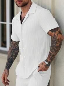 Manfinity RSRT 休闲时尚百搭纯色短袖男士衬衫，夏季 - 白色 - 查看 3