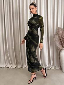 Lavishia Váy ôm dài tay cổ lọ họa tiết trừu tượng màu đen và cà phê dành cho nữ - xanh quân đội - Xem 5