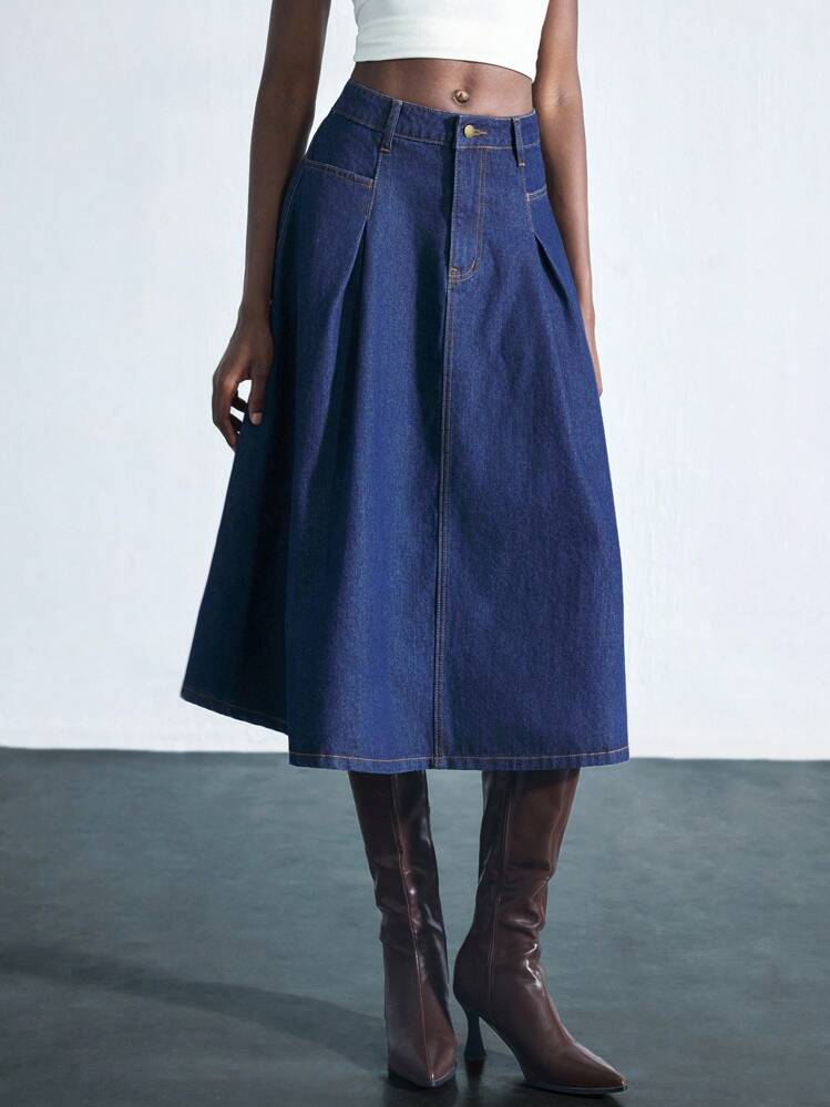 Maija Women's Blue Denim Skirt Low Waist Mid-Length Skirt College Style Wear Autumn Women's Clothing - Dark Wash - View 3