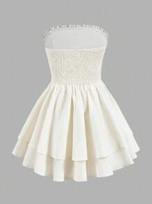 SHEIN 年轻女孩编织纹理荷叶边蝴蝶结分层蛋糕裙腰带优雅连衣裙，白色连衣裙，法式仙女风格，公主裙，适合生日派对，毕业舞会，派对 - 米色 - 查看 9