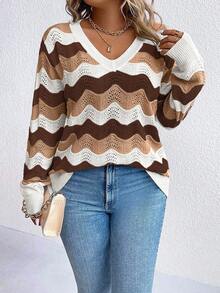 EURMUSE 大码女式 V 领条纹长袖休闲套头毛衣，秋冬百搭户外服装 - 棕色 - 查看 4