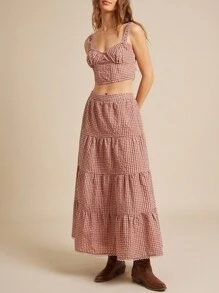 WESTFADE Cotton Blend Gingham High Waist Ruffle Tiered Maxi Skirt Back To School Fall Clothes Country Summer Beach Vacation - Multicolor - View 3