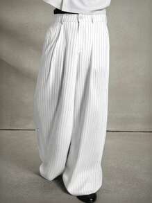 PAVTROS Quần ống rộng kẻ sọc thường ngày cho nam Quần kẻ sọc nam Quần ống rộng cho nam Quần xếp ly Quần kẻ sọc nam Quần âu nam, Mùa thu - trắng - Xem 4