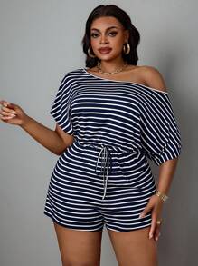 SHEIN PETITE CURVE 大尺碼女款連身褲，休閒條紋連身褲，秋季女裝連身裙套裝，女款連身褲，秋季女裝 - 藏蓝色 - 查看 4