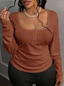 Slaydiva Plus Size Casual Square Neck Long Sleeve Ruched Waist Top,Fall Clothes For Women - Brown - View 6