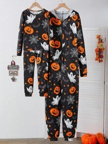 SHEIN 青少年男孩夜光万圣节南瓜和鬼魂印花紧身睡衣套装，长袖上衣和裤子，2 件套，返校时尚万圣节男童紧身睡衣 - 黑色 - 查看 5